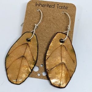 Golden Leaf Enameled Earrings on Sterling Wires